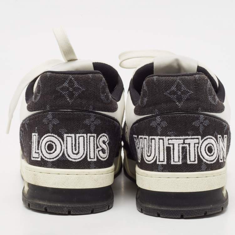 Pre Owned Louis Vuitton Black/White Leather and Monogram Denim LV Trainer Sneakers Size 40