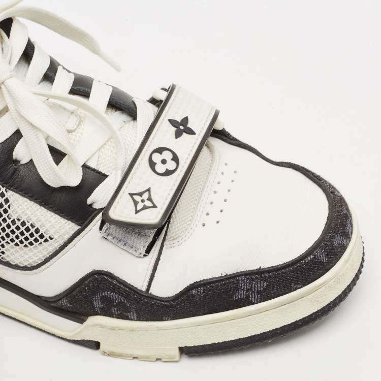 Pre Owned Louis Vuitton Black/White Leather and Monogram Denim LV Trainer Sneakers Size 40