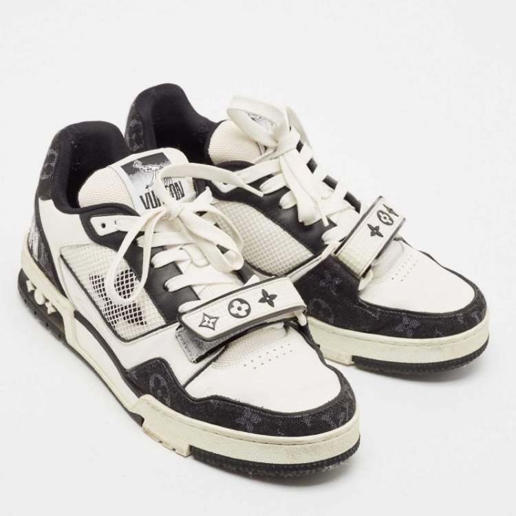 Pre Owned Louis Vuitton Black/White Leather and Monogram Denim LV Trainer Sneakers Size 40