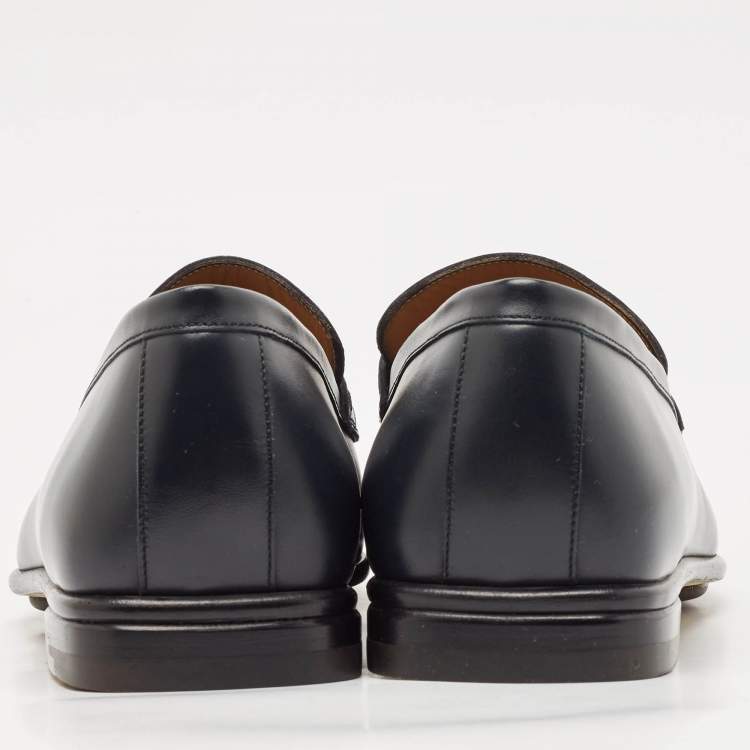 Pre Owned Louis Vuitton Navy Blue Leather Square Toe Loafers Size 40.5