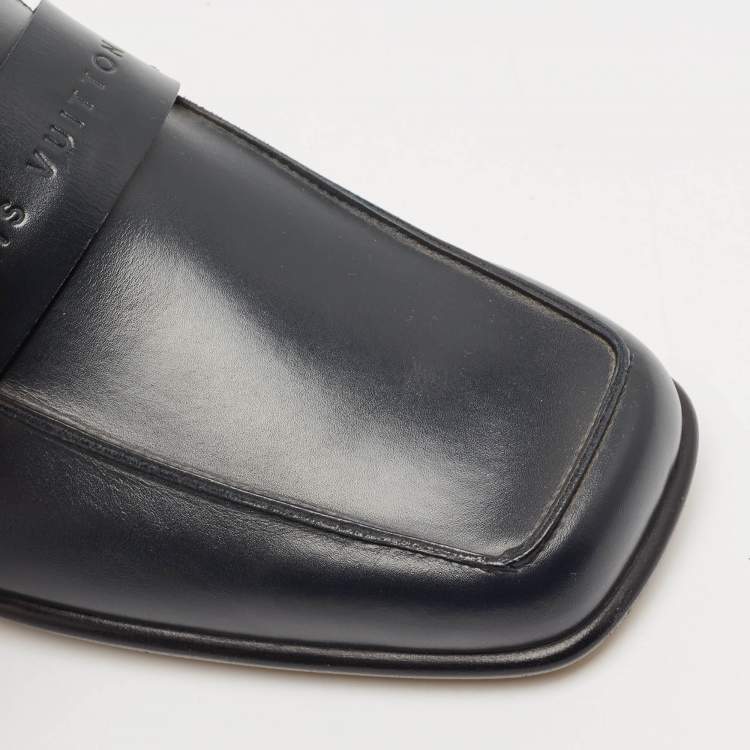 Pre Owned Louis Vuitton Navy Blue Leather Square Toe Loafers Size 40.5