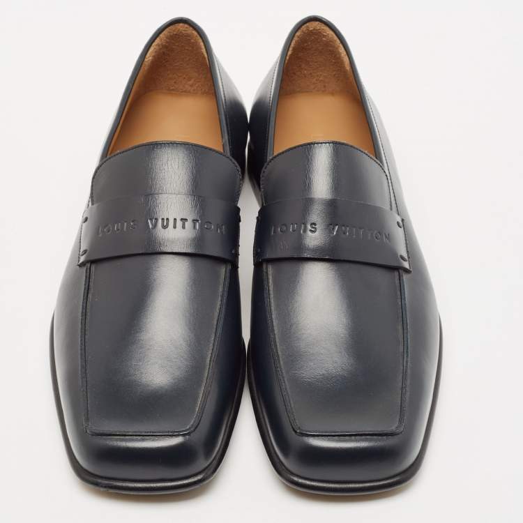Pre Owned Louis Vuitton Navy Blue Leather Square Toe Loafers Size 40.5