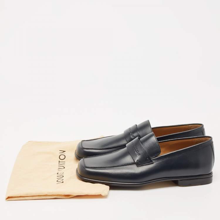 Pre Owned Louis Vuitton Navy Blue Leather Square Toe Loafers Size 40.5