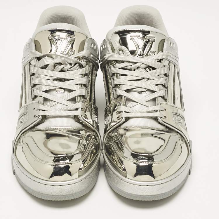 Pre Owned Louis Vuitton Silver Mirror Leather LV Trainer Sneakers Size 44
