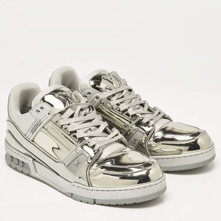 Pre Owned Louis Vuitton Silver Mirror Leather LV Trainer Sneakers Size 44