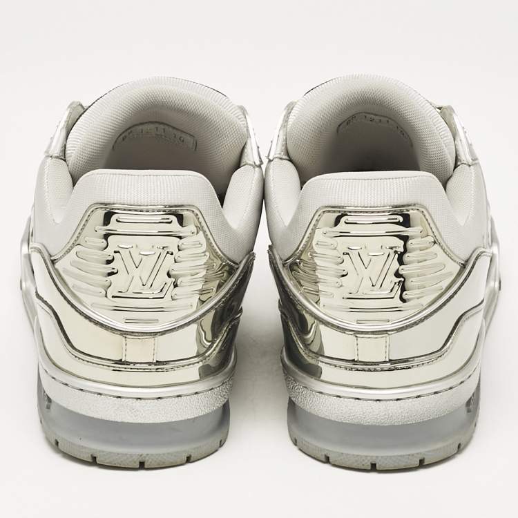 Pre Owned Louis Vuitton Silver Mirror Leather LV Trainer Sneakers Size 44