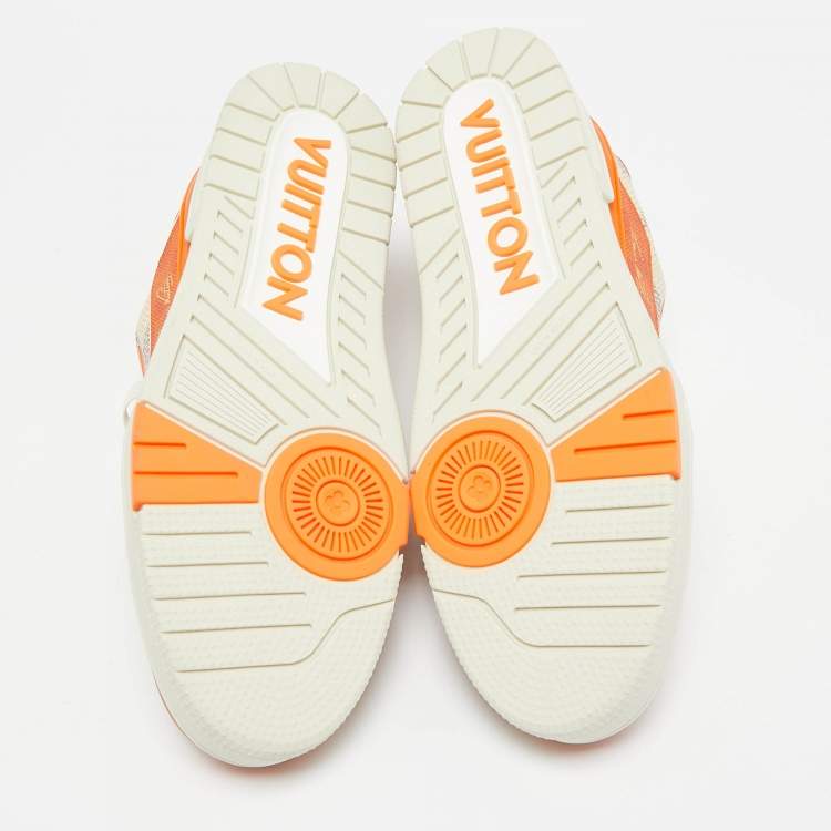 Pre Owned Louis Vuitton Orange/White Damier Leather LV Trainer Sneakers Size 44