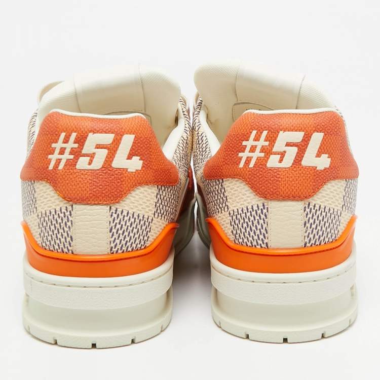 Pre Owned Louis Vuitton Orange/White Damier Leather LV Trainer Sneakers Size 44