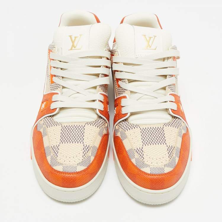 Pre Owned Louis Vuitton Orange/White Damier Leather LV Trainer Sneakers Size 44