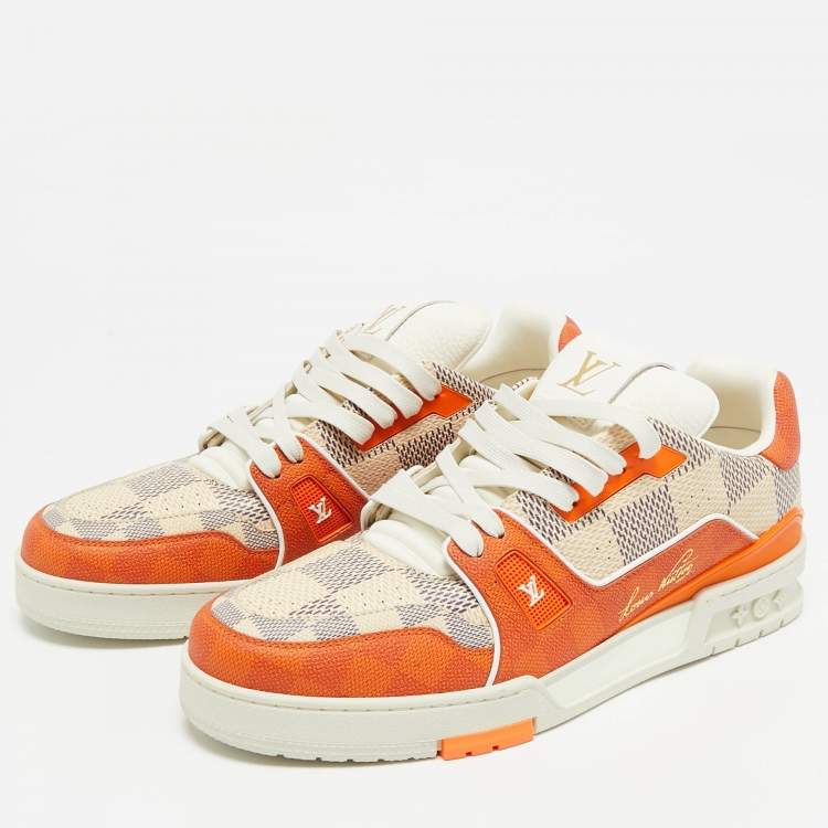 Pre Owned Louis Vuitton Orange/White Damier Leather LV Trainer Sneakers Size 44