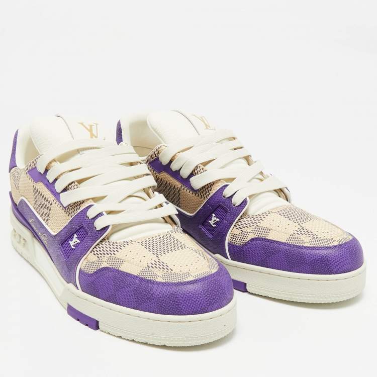 Pre Owned Louis Vuitton Purple/White Damier Leather LV Trainer Sneakers Size 44