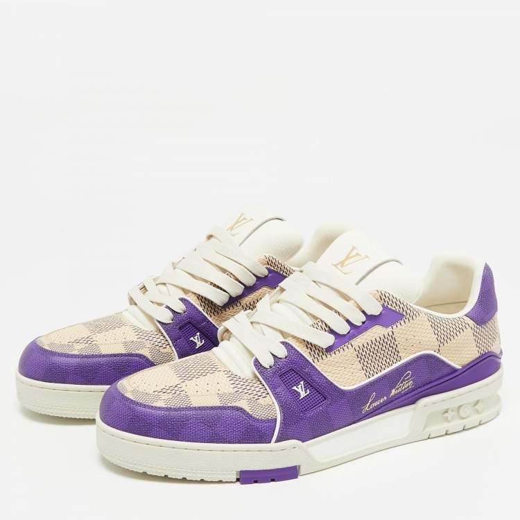 Pre Owned Louis Vuitton Purple/White Damier Leather LV Trainer Sneakers Size 44