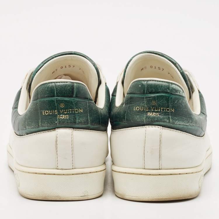Pre Owned Louis Vuitton White/Green Crocodile Leather and Leather Luxembourg Lace Up Sneakers Size 41.5