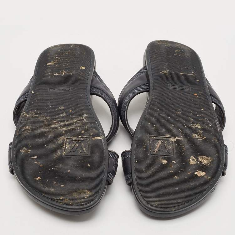Pre Owned Louis Vuitton Navy Blue Denim and Leather Hamptons Flat Sandals Size 42.5