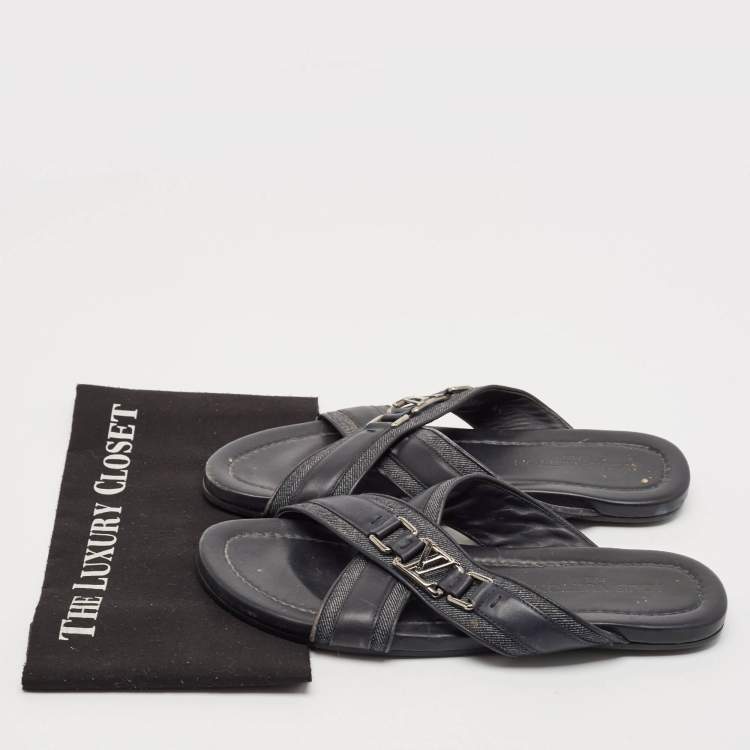 Pre Owned Louis Vuitton Navy Blue Denim and Leather Hamptons Flat Sandals Size 42.5