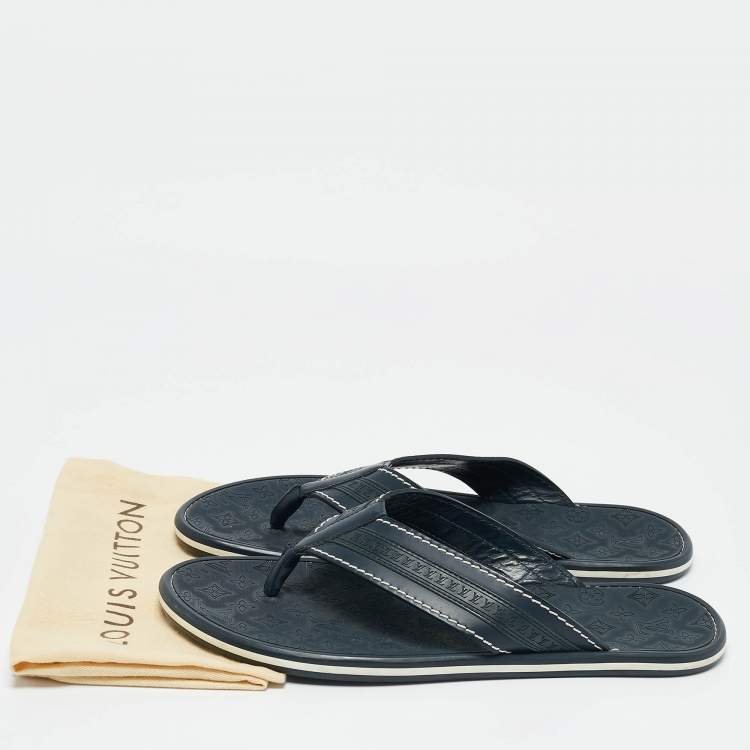 مملوكة مسبقًا Louis Vuitton Navy Blue Leather and Rubber Thong Sandals Size 43