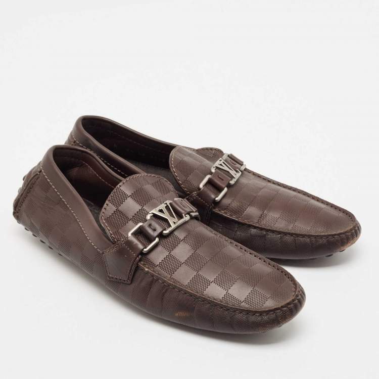 Pre Owned Louis Vuitton Dark Brown Damier Embossed Leather Hockenheim Slip On Loafers Size 42.5