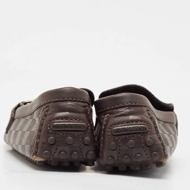 Pre Owned Louis Vuitton Dark Brown Damier Embossed Leather Hockenheim Slip On Loafers Size 42.5