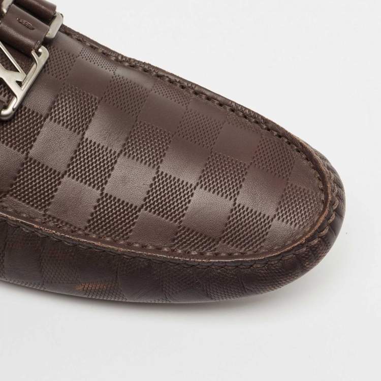 Pre Owned Louis Vuitton Dark Brown Damier Embossed Leather Hockenheim Slip On Loafers Size 42.5