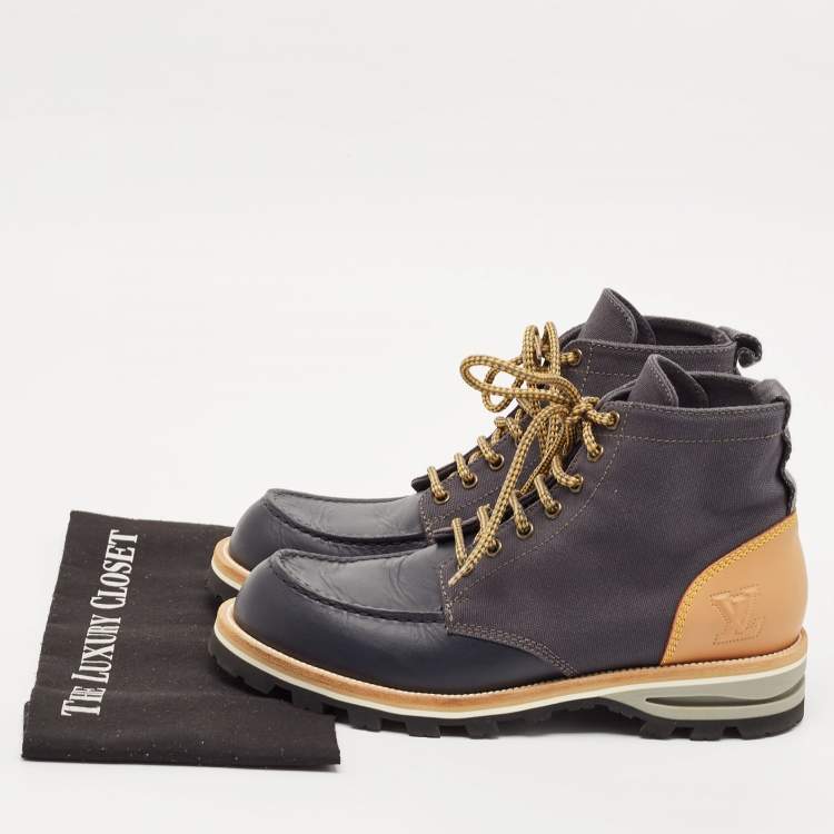 Pre Owned Louis Vuitton Navy Blue/Brown Leather and Canvas Ankle Boots Size 41.5