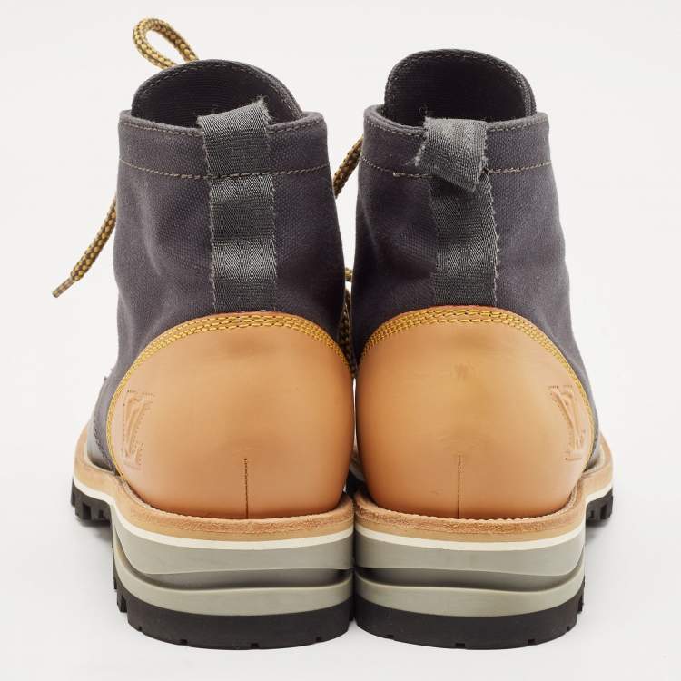 Pre Owned Louis Vuitton Navy Blue/Brown Leather and Canvas Ankle Boots Size 41.5