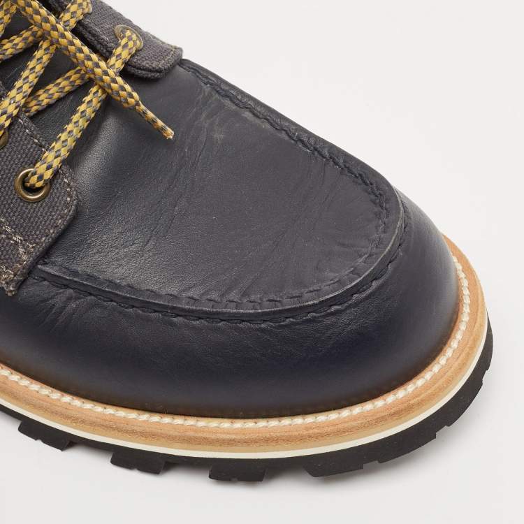 Pre Owned Louis Vuitton Navy Blue/Brown Leather and Canvas Ankle Boots Size 41.5