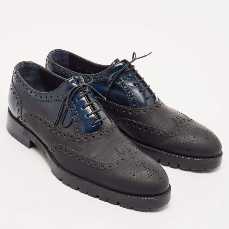 Pre Owned Louis Vuitton Black/Navy Blue Brogue Leather Lace Up Oxfords Size 42