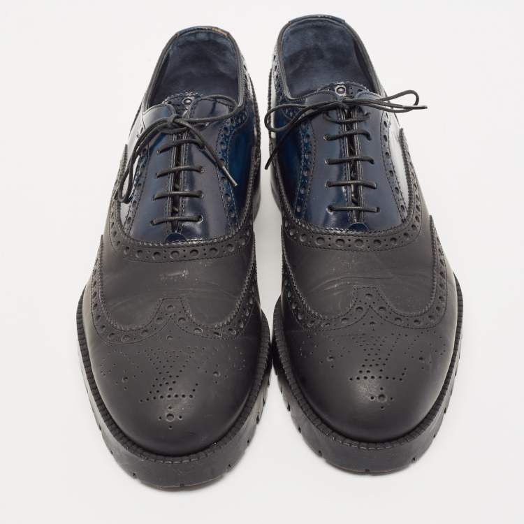 Pre Owned Louis Vuitton Black/Navy Blue Brogue Leather Lace Up Oxfords Size 42