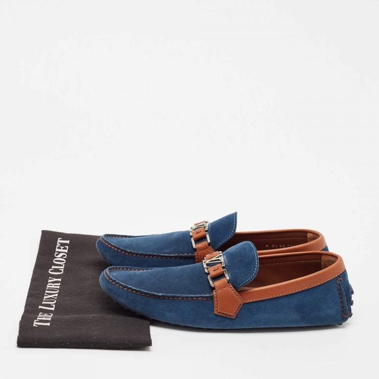 Pre Owned Louis Vuitton Blue/Brown Suede Hockenheim Loafers Size 42.5