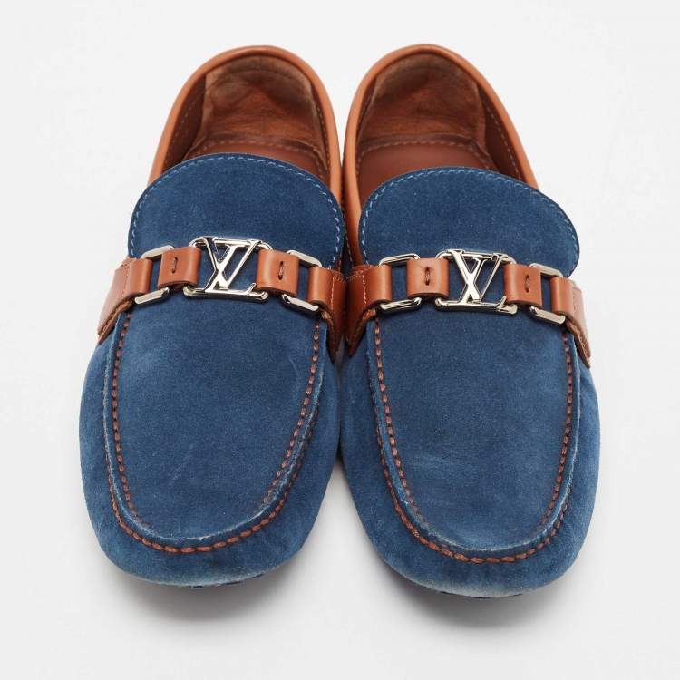 Pre Owned Louis Vuitton Blue/Brown Suede Hockenheim Loafers Size 42.5