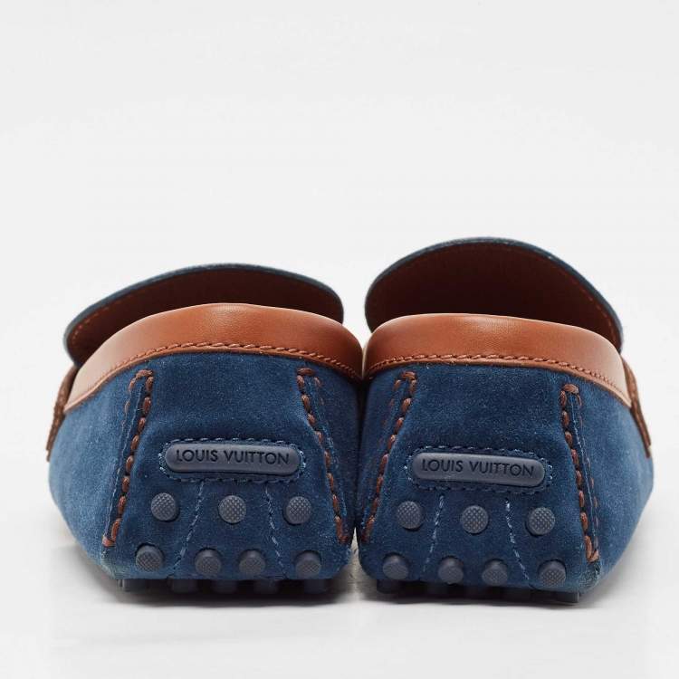 Pre Owned Louis Vuitton Blue/Brown Suede Hockenheim Loafers Size 42.5