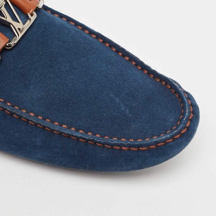 Pre Owned Louis Vuitton Blue/Brown Suede Hockenheim Loafers Size 42.5