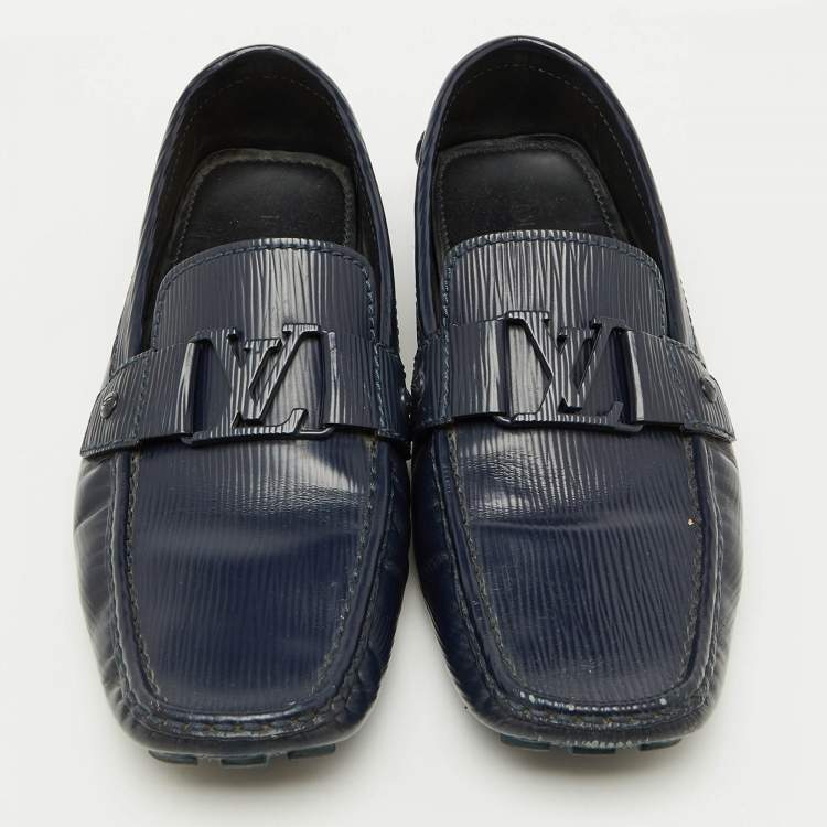Pre Owned Louis Vuitton Navy Blue Leather Monte Carlo Slip On Loafers Size 42.5