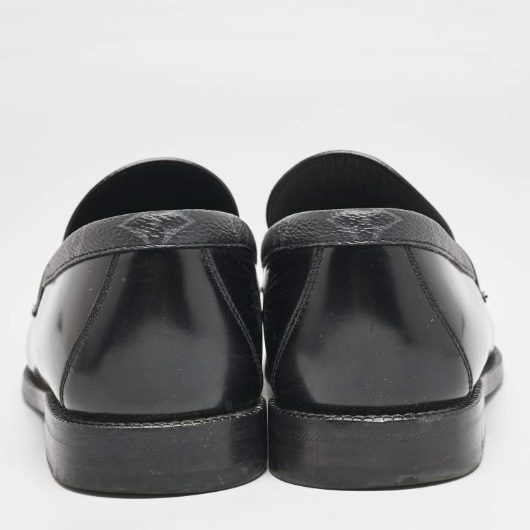 Pre Owned Louis Vuitton Black Leather and Monogram Eclipse Canvas Major Loafers Size 42.5