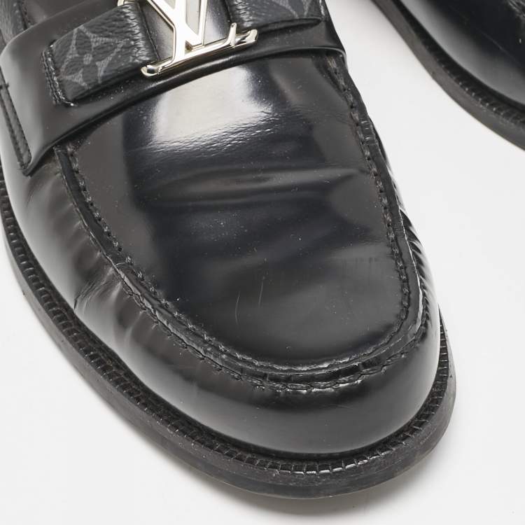 Pre Owned Louis Vuitton Black Leather and Monogram Eclipse Canvas Major Loafers Size 42.5
