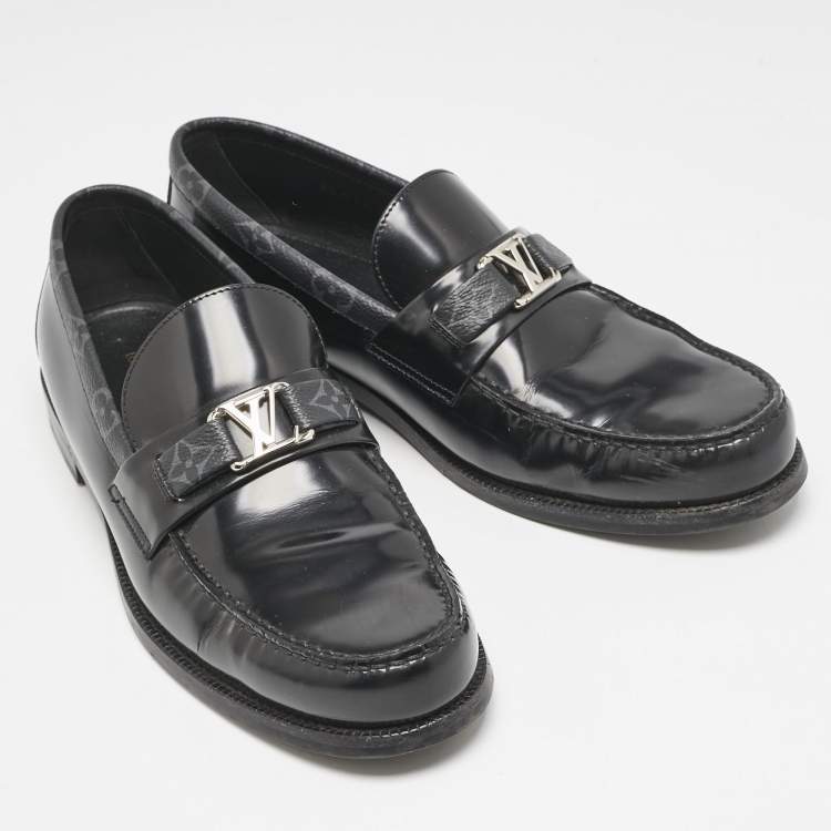 Pre Owned Louis Vuitton Black Leather and Monogram Eclipse Canvas Major Loafers Size 42.5