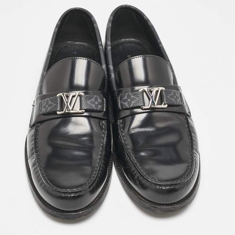 Pre Owned Louis Vuitton Black Leather and Monogram Eclipse Canvas Major Loafers Size 42.5