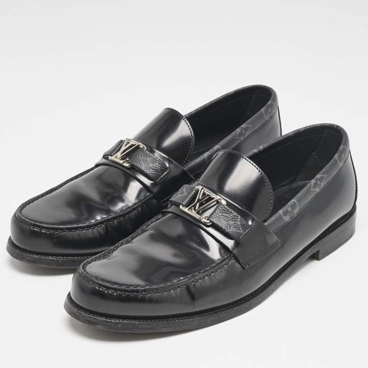 Pre Owned Louis Vuitton Black Leather and Monogram Eclipse Canvas Major Loafers Size 42.5