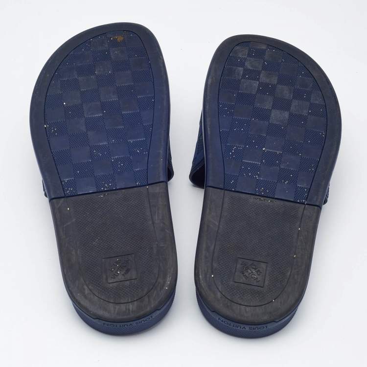 Pre Owned Louis Vuitton Blue Damier Embossed Rubber Waterfront Flat Slides Size 45