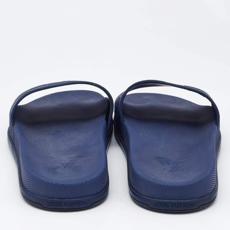 Pre Owned Louis Vuitton Blue Damier Embossed Rubber Waterfront Flat Slides Size 45