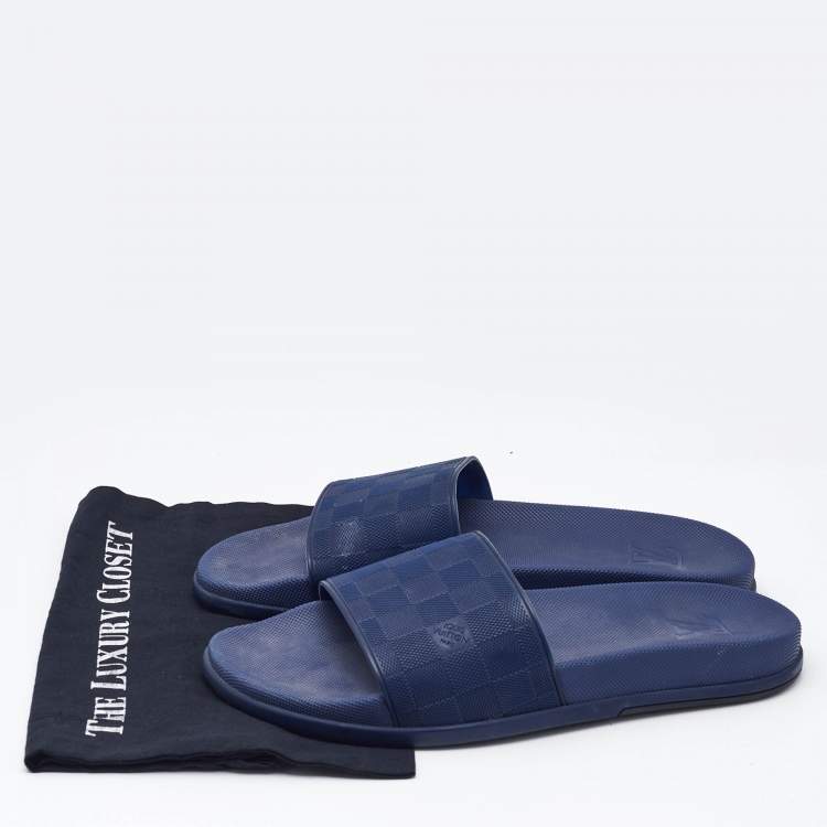 Pre Owned Louis Vuitton Blue Damier Embossed Rubber Waterfront Flat Slides Size 45