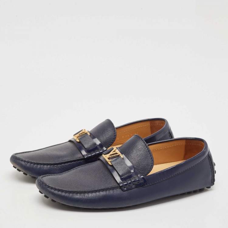 Pre Owned Louis Vuitton Navy Blue Leather Hockenheim Slip On Loafers Size 43