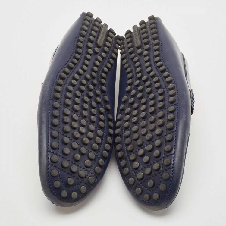Pre Owned Louis Vuitton Navy Blue Leather Hockenheim Slip On Loafers Size 43