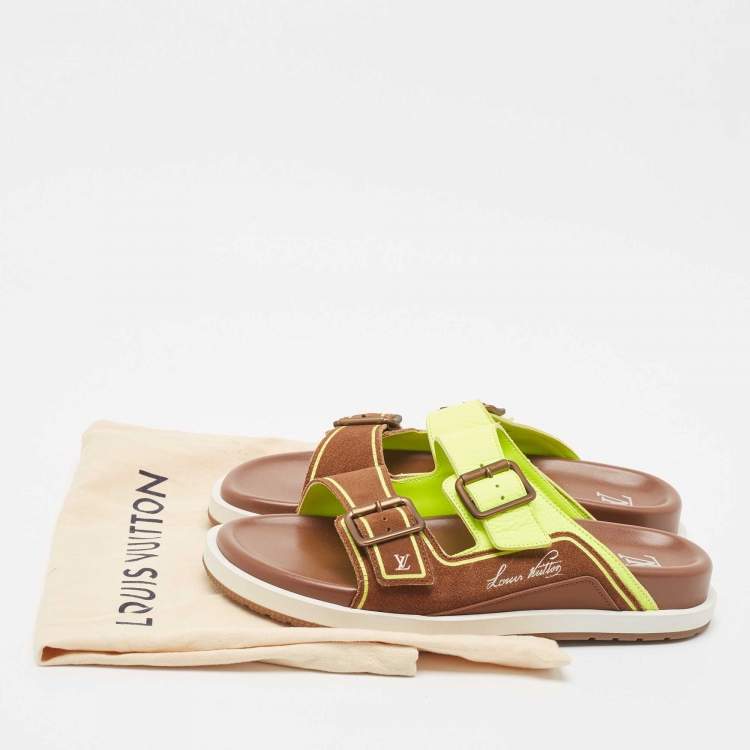 Pre Owned Louis Vuitton Brown/Neon Green Suede and Leather LV Trainer Mules Size 42