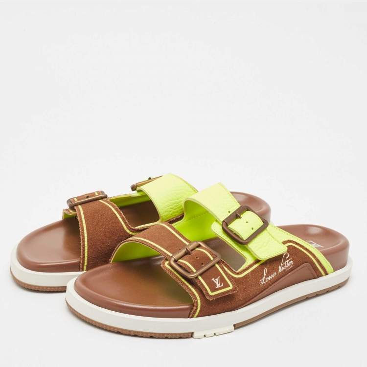 Pre Owned Louis Vuitton Brown/Neon Green Suede and Leather LV Trainer Mules Size 42
