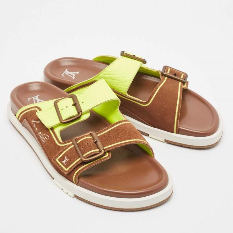 Pre Owned Louis Vuitton Brown/Neon Green Suede and Leather LV Trainer Mules Size 42