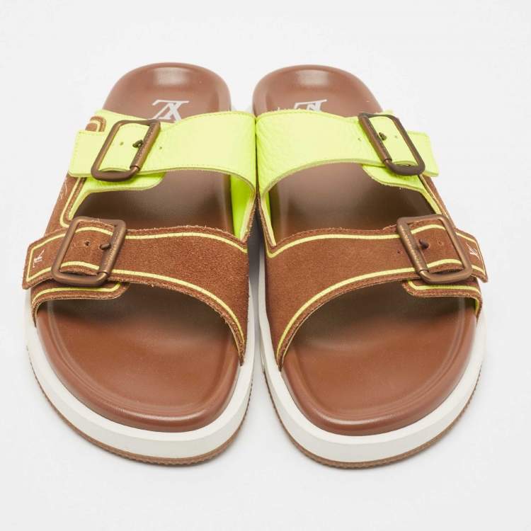 Pre Owned Louis Vuitton Brown/Neon Green Suede and Leather LV Trainer Mules Size 42