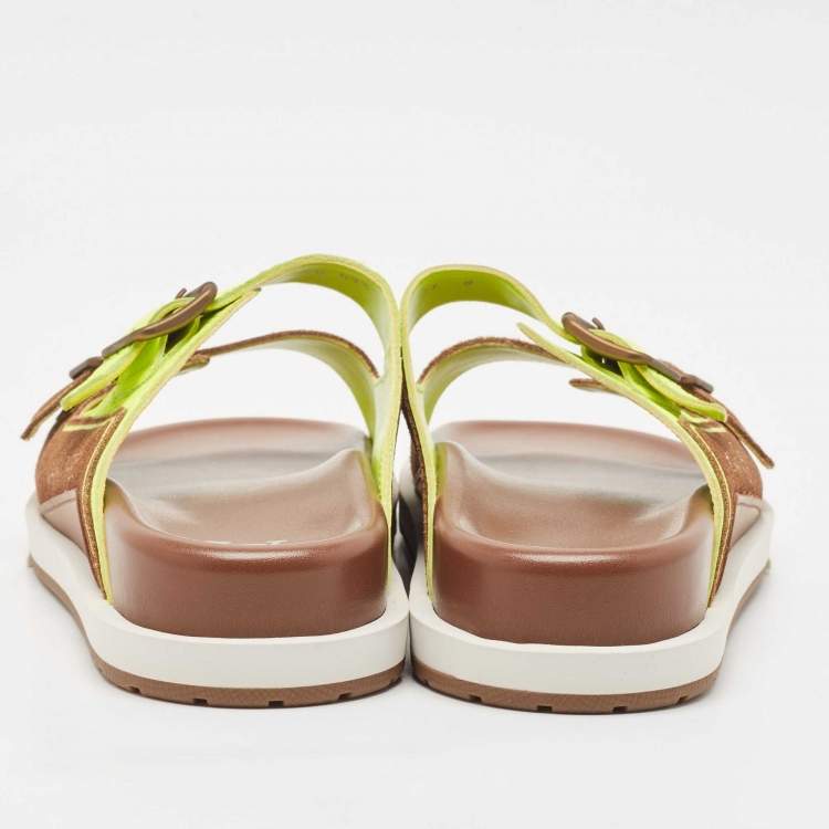 Pre Owned Louis Vuitton Brown/Neon Green Suede and Leather LV Trainer Mules Size 42