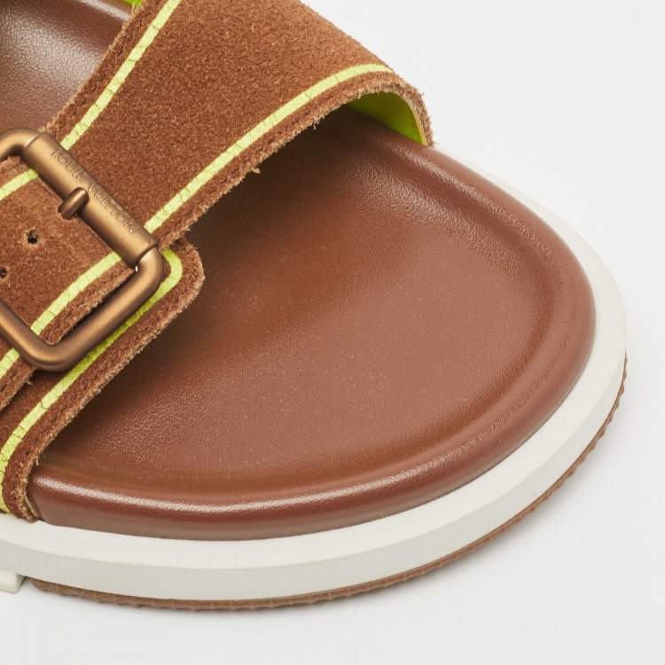 Pre Owned Louis Vuitton Brown/Neon Green Suede and Leather LV Trainer Mules Size 42