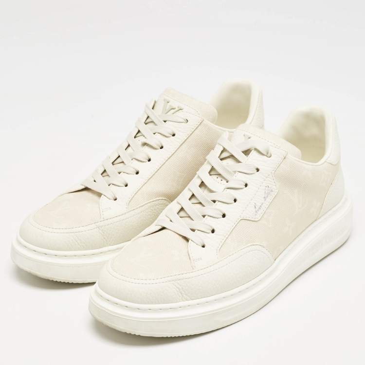 Pre Owned Louis Vuitton Beige Monogram Denim and Leather Beverly Hills Sneakers Size 41